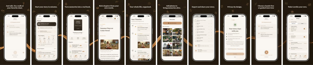 Lorelio app showing a guided voice interview on iPhone