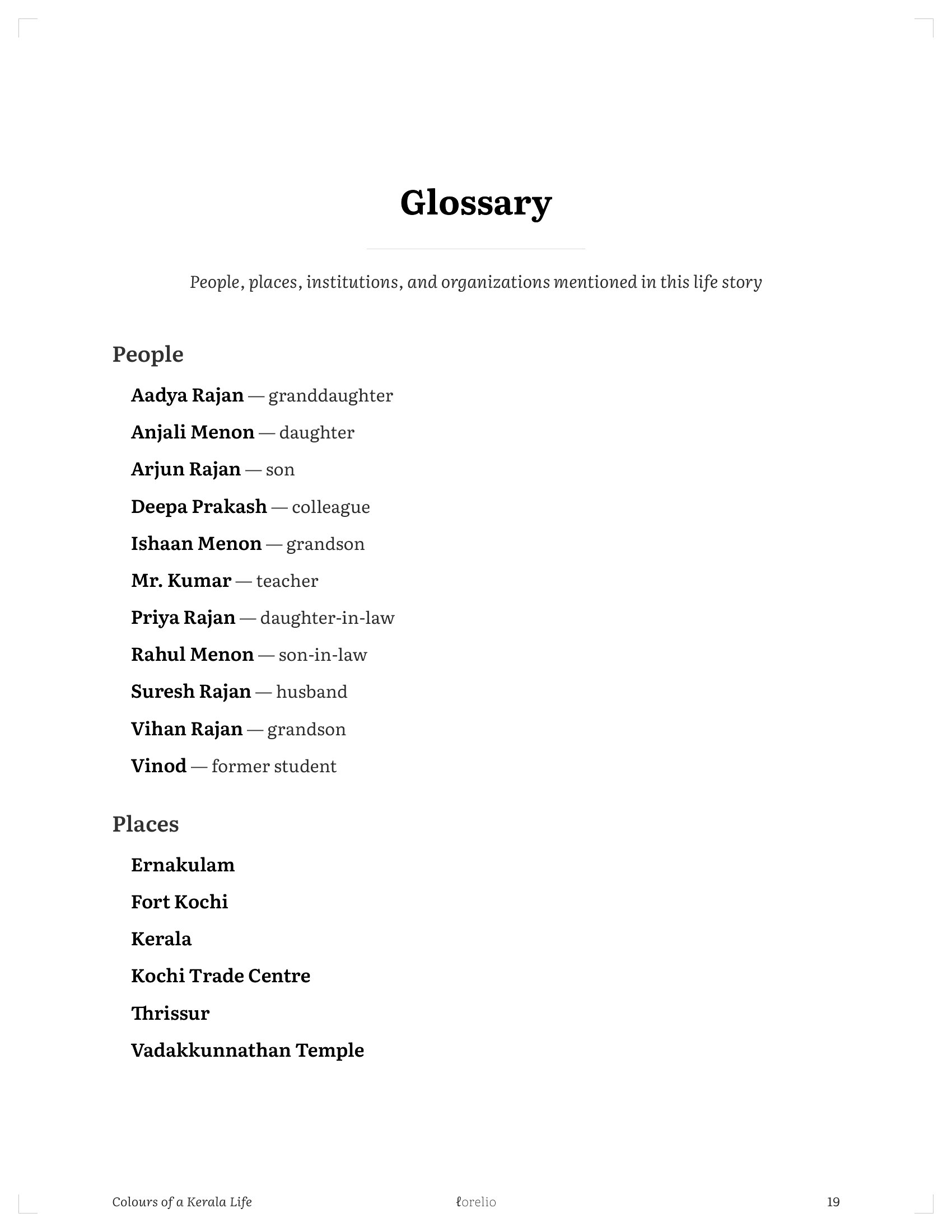Glossary page listing people, places, and institutions mentioned in Meera's life story