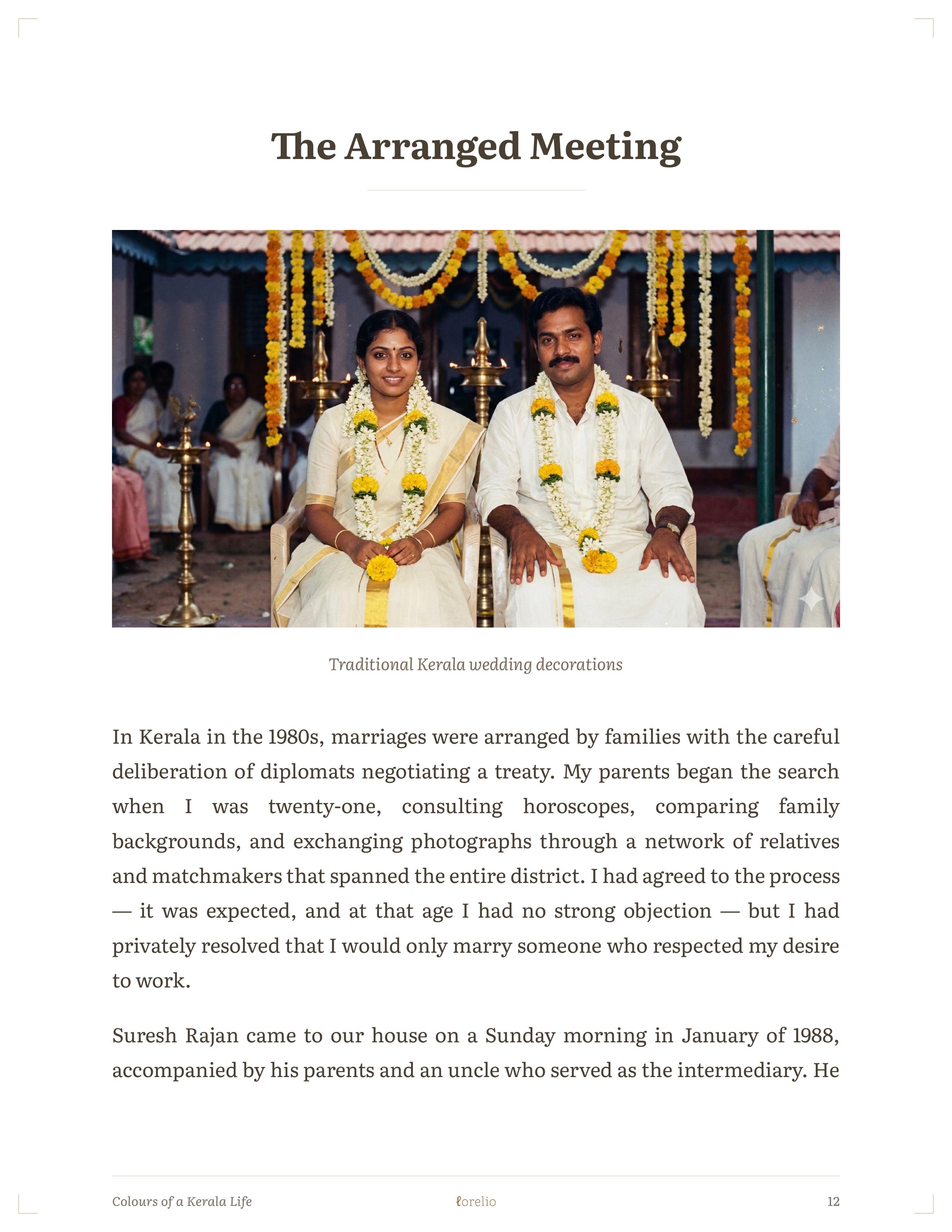 Interior page about Meera's arranged marriage, with a traditional Kerala wedding photograph