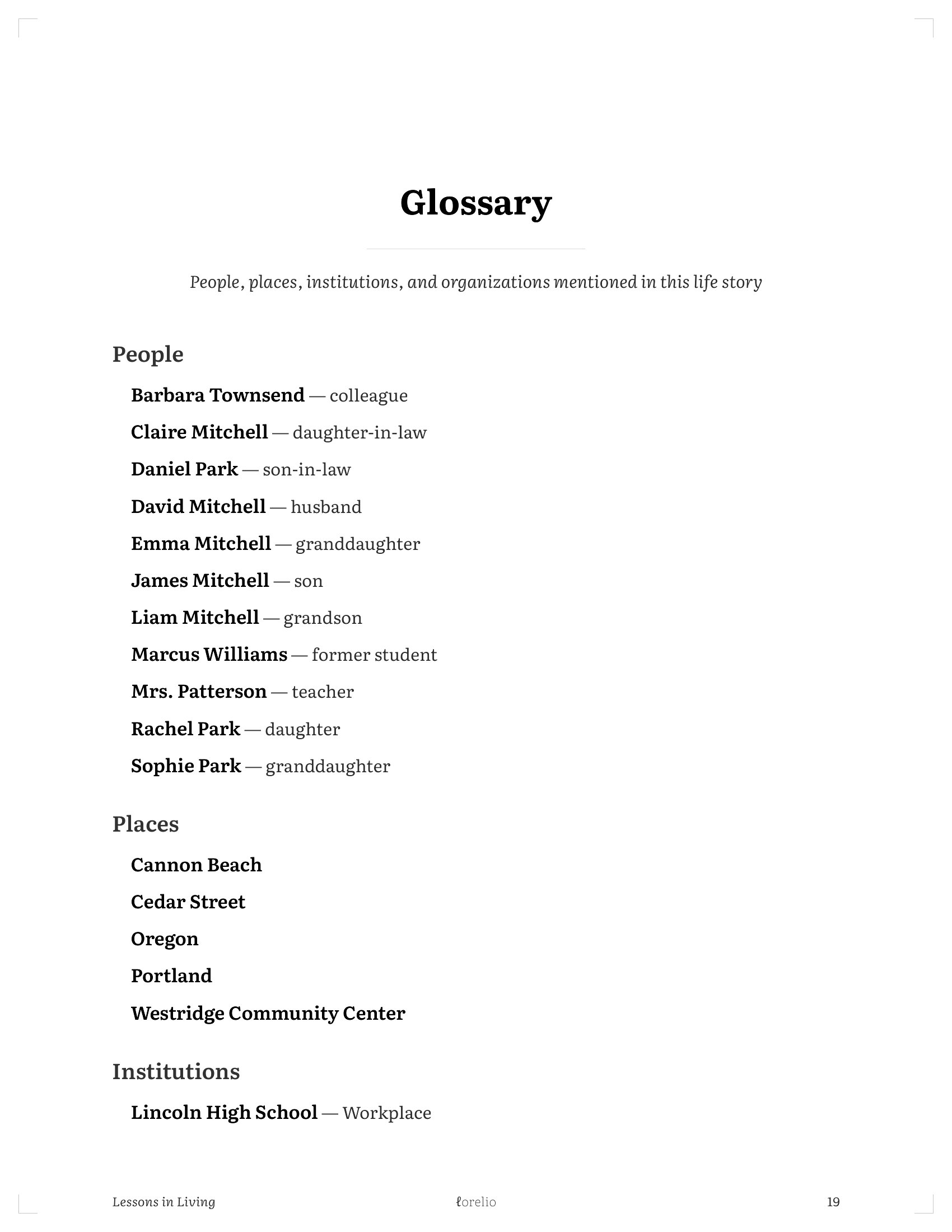 Glossary page listing people, places, and institutions mentioned in Susan's life story