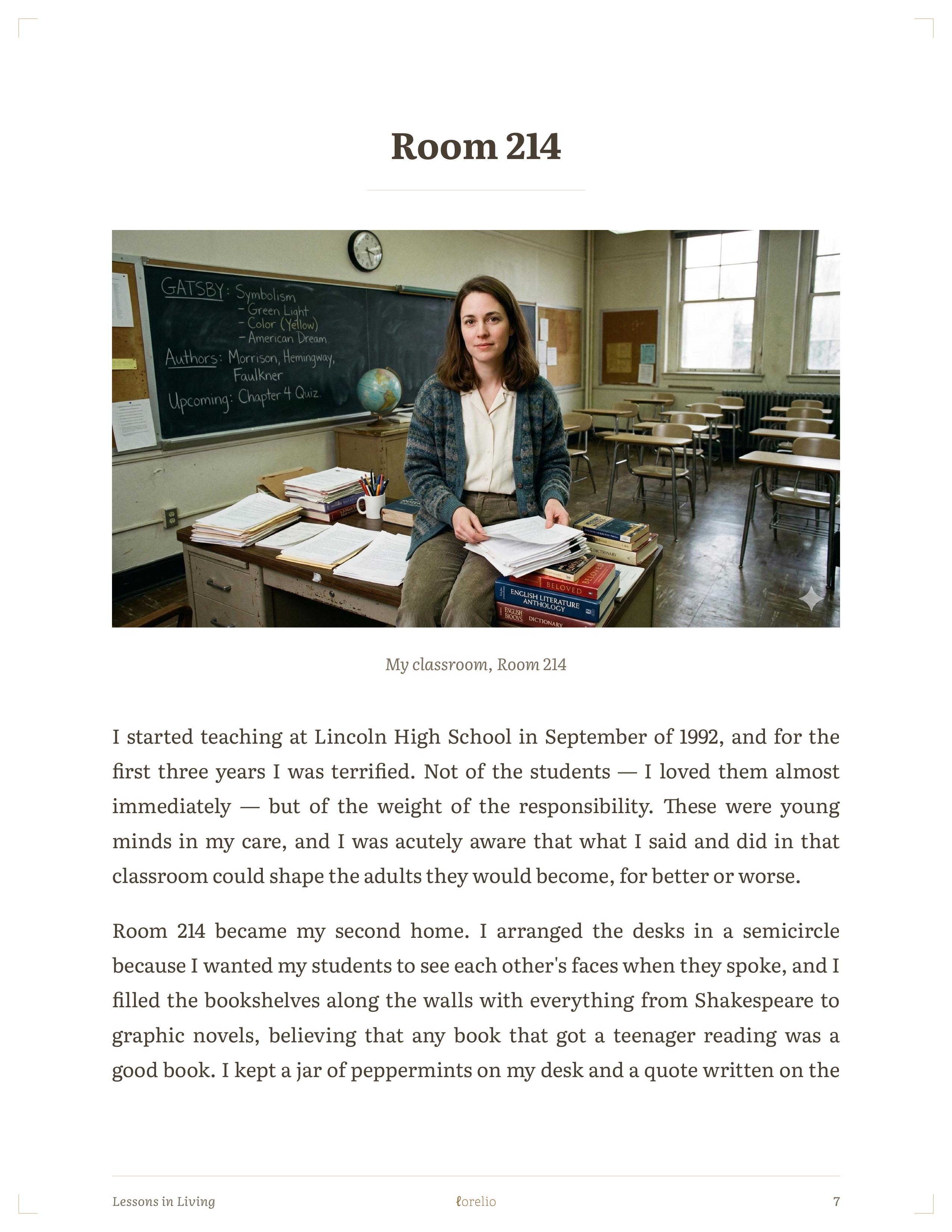 Interior page about Susan's teaching career at Lincoln High School, with a classroom photo