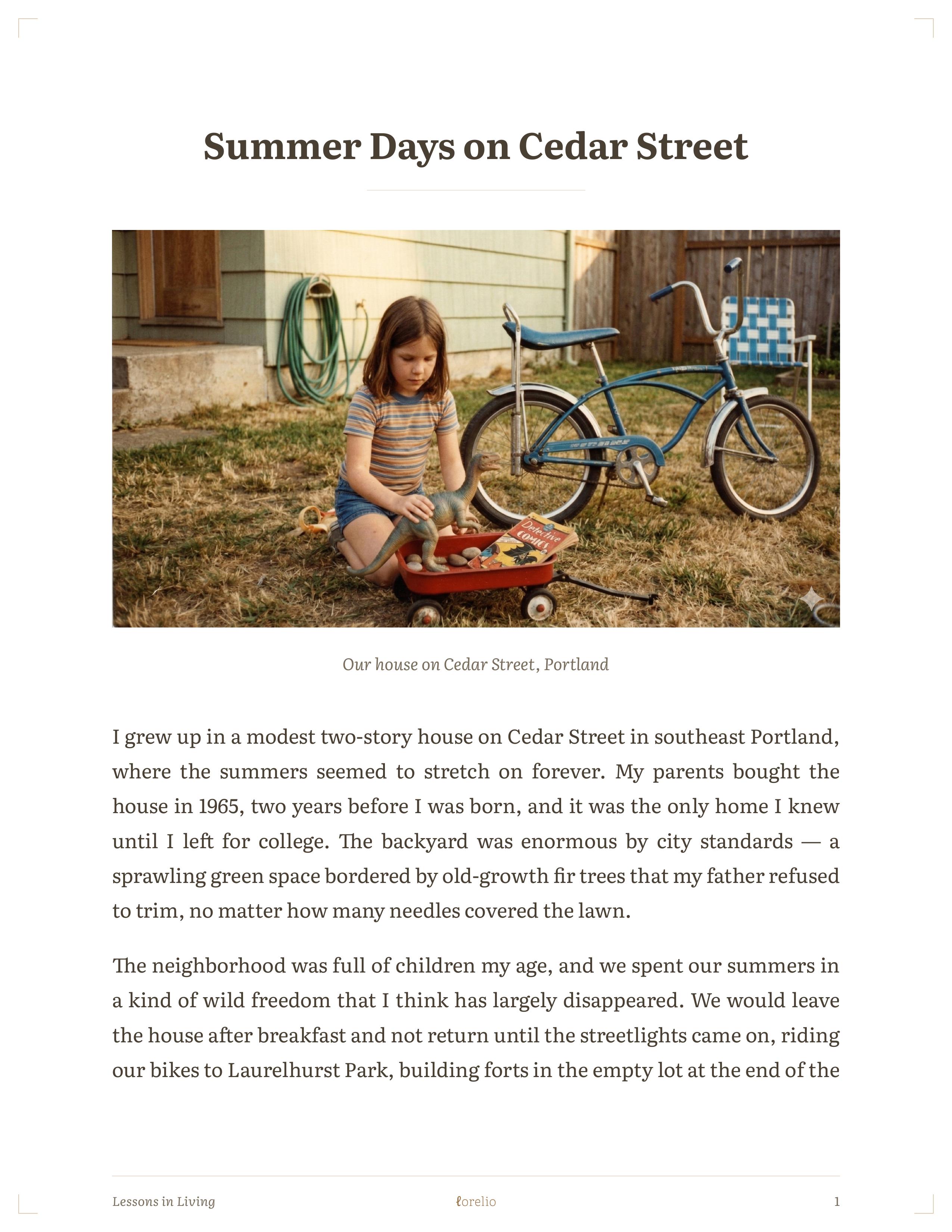 Interior page describing Susan's childhood on Cedar Street in Portland, with a vintage photo