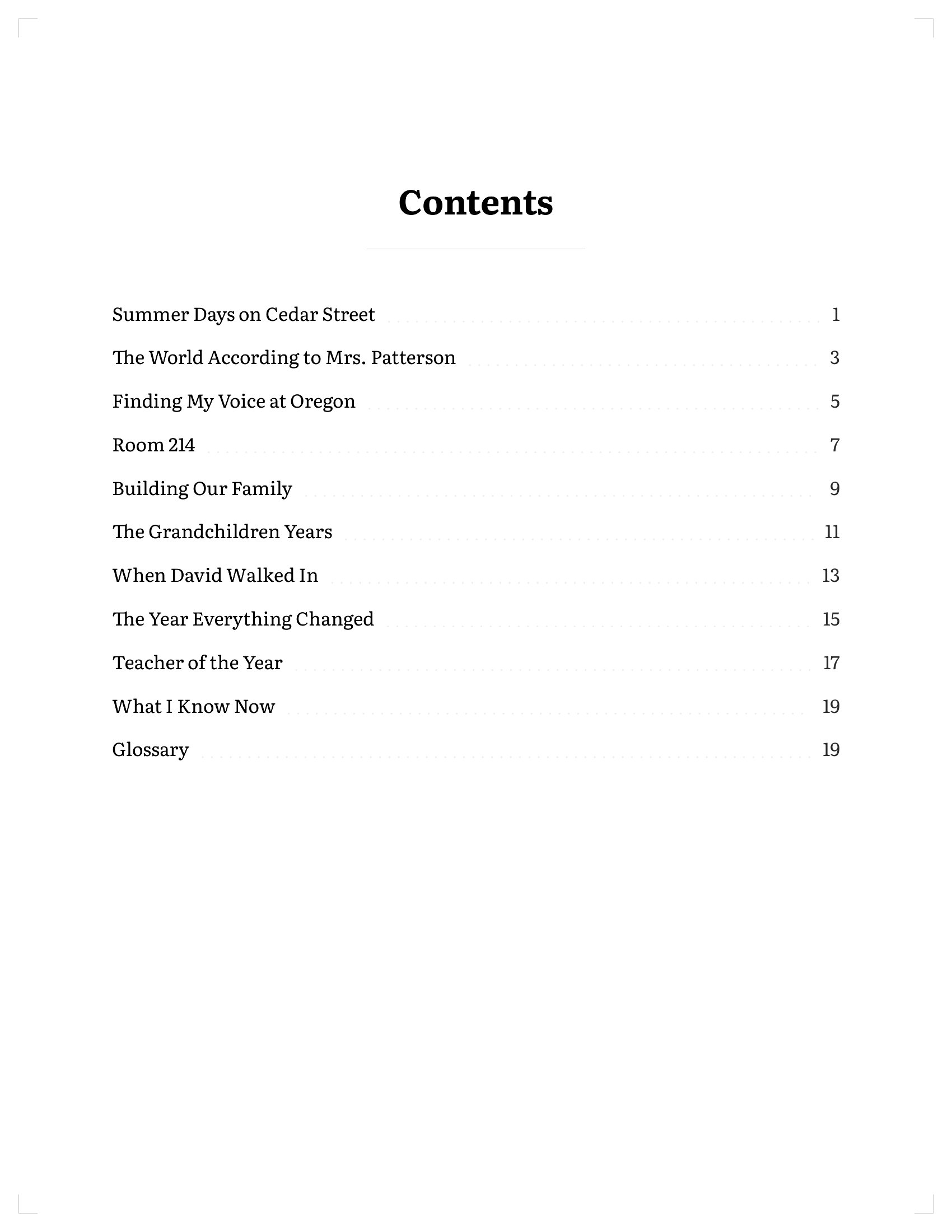 Table of contents page listing all chapters in Susan's life story