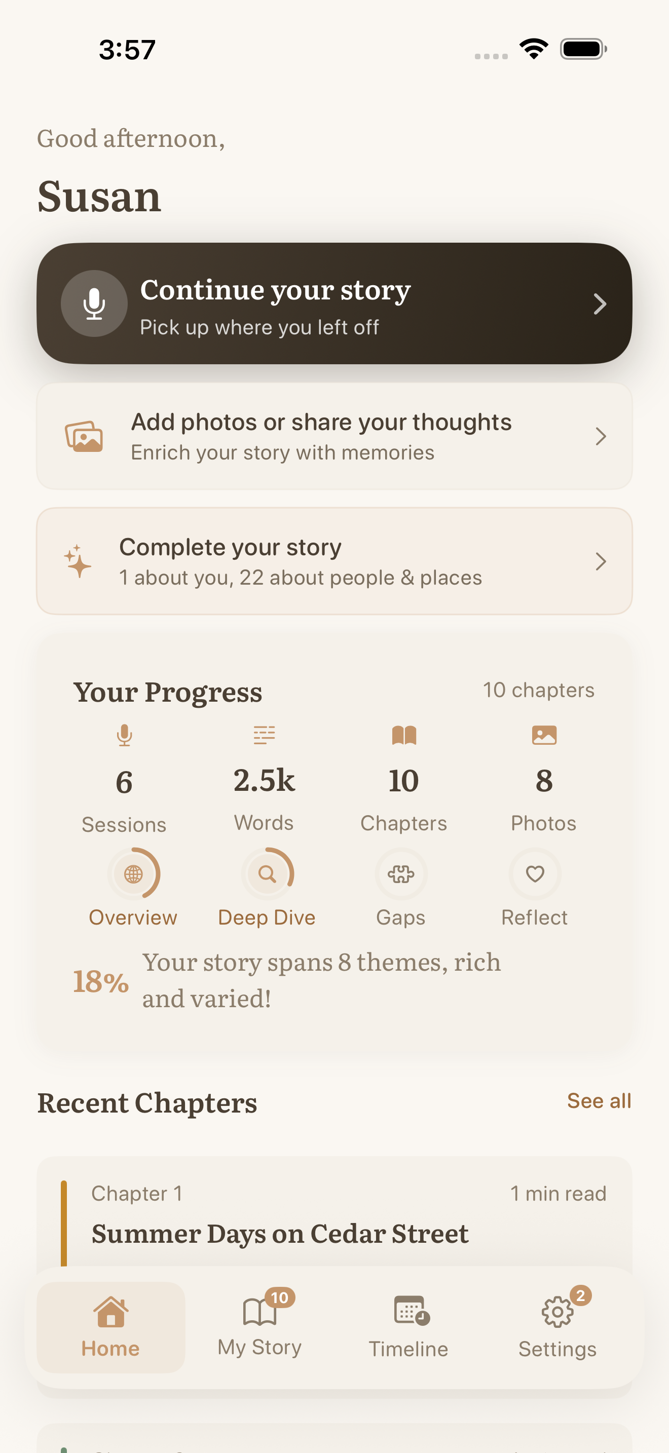 Lorelio home screen showing story progress, interview prompts, and session history