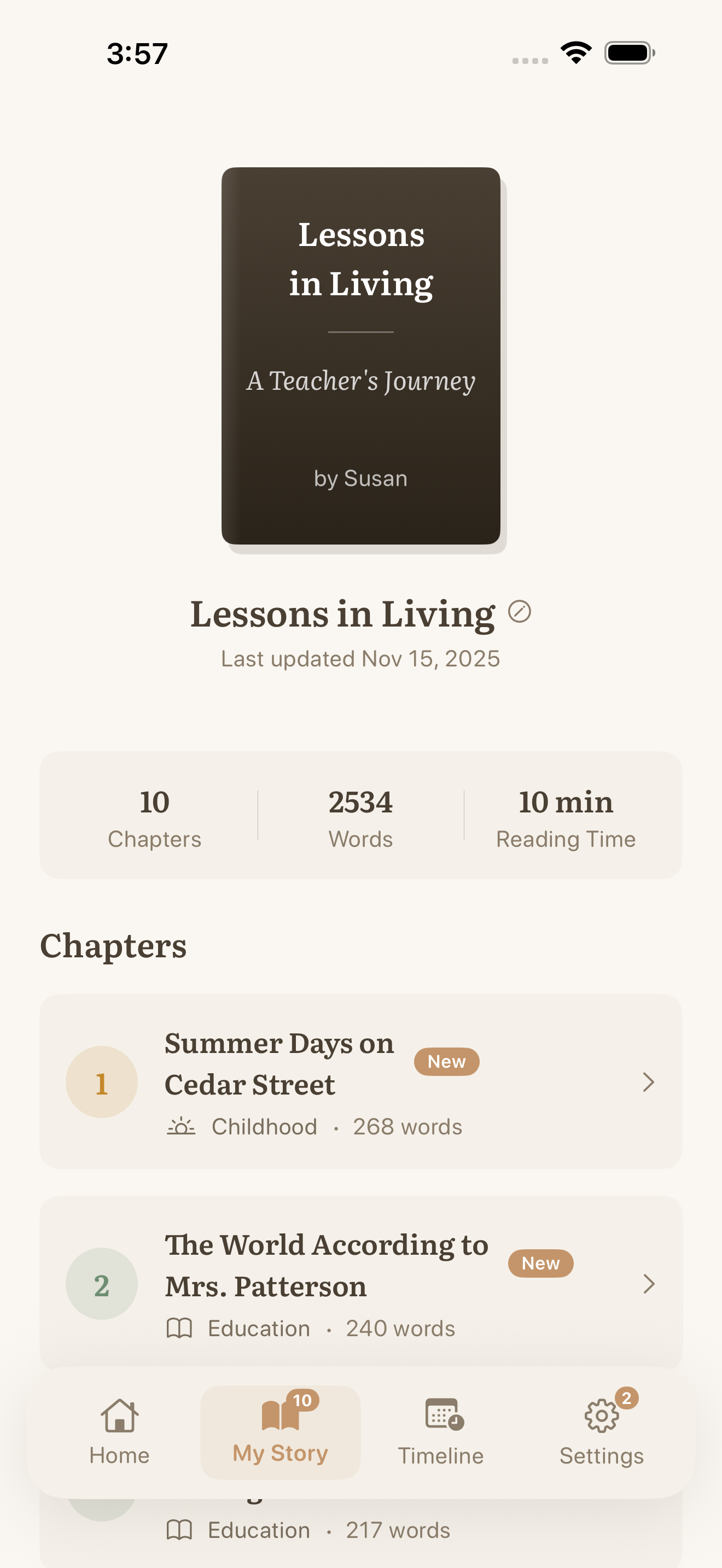 Story overview screen showing all chapters, word count, and people mentioned