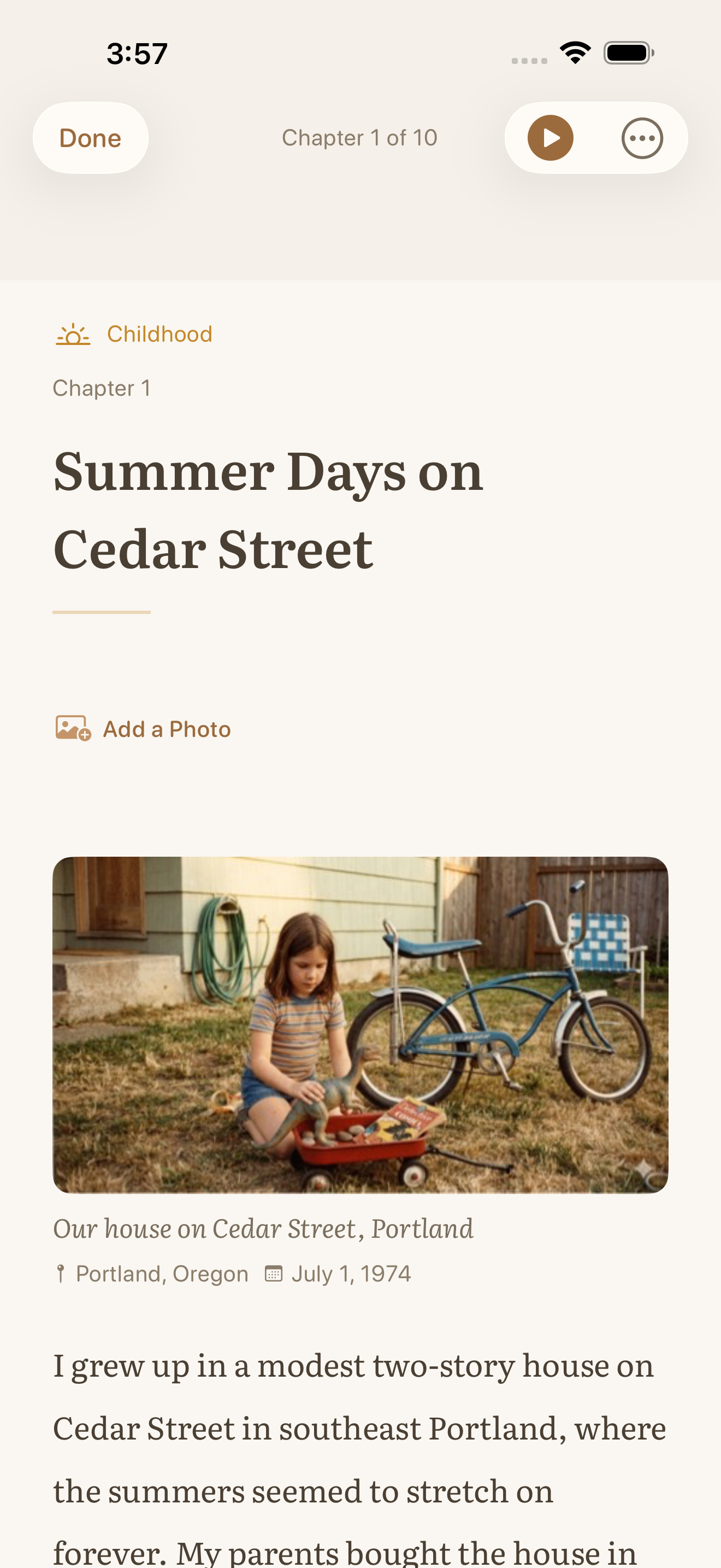 A chapter of beautifully written life story with photos woven into the narrative