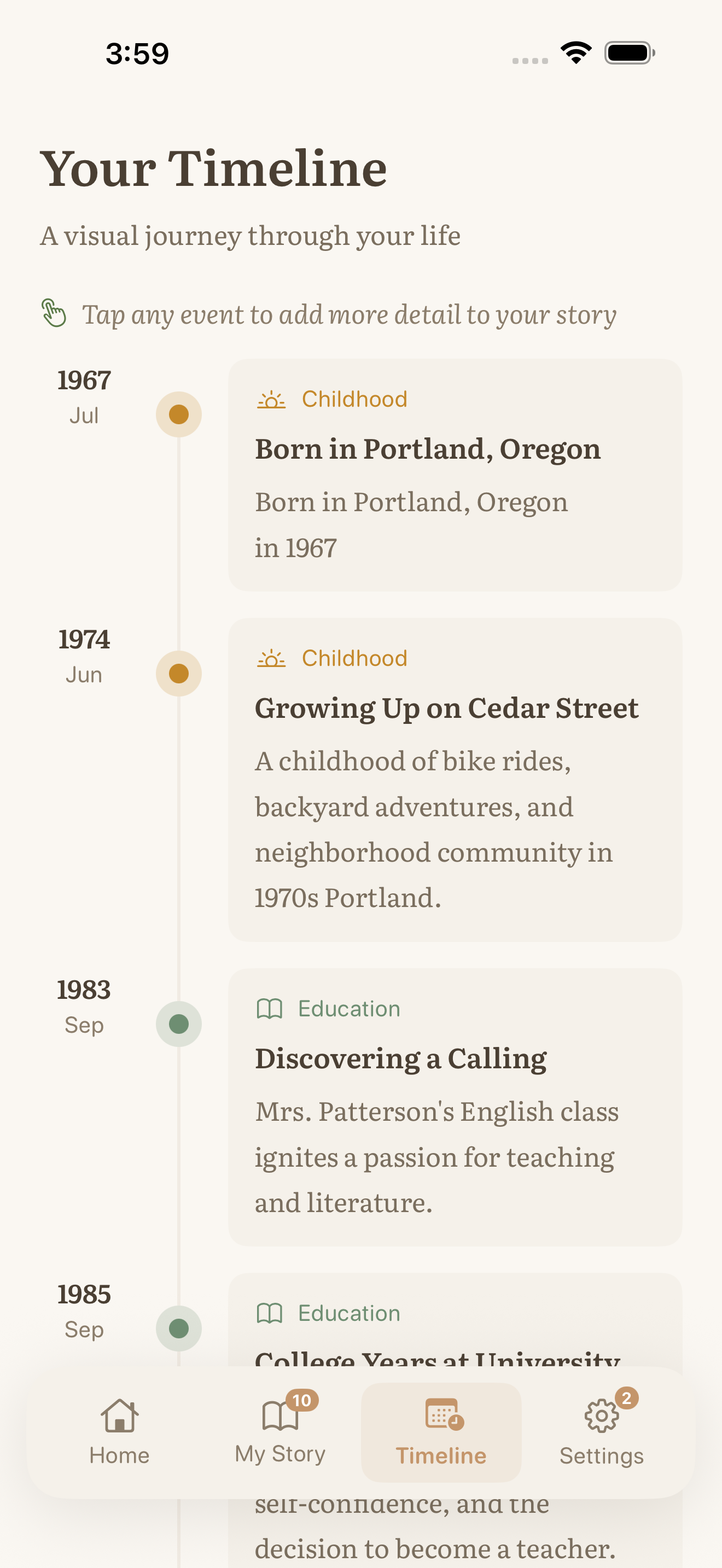 Visual timeline showing life events, milestones, and memories organized chronologically