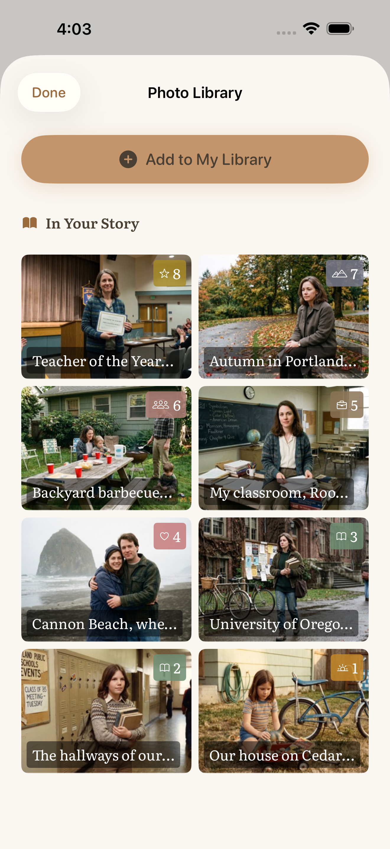 Photo gallery showing uploaded photos organized by decade and life period